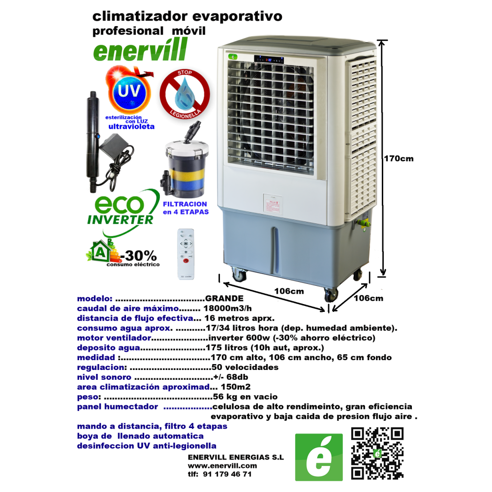 ventilador climatizador evaporativo portatil profesional Enervill grande con caudal de 18000m3/h