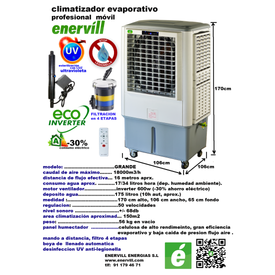 ventilador climatizador evaporativo portatil profesional Enervill grande con caudal de 18000m3/h