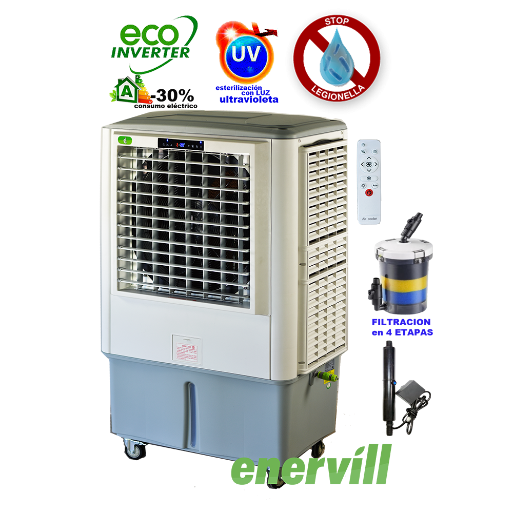 ventilador climatizador evaporativo portatil profesional Enervill grande con caudal de 18000m3/h