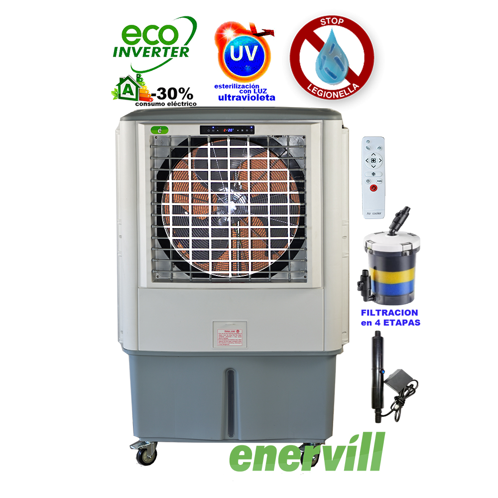 ventilador climatizador evaporativo portatil profesional Enervill grande con caudal de 18000m3/h