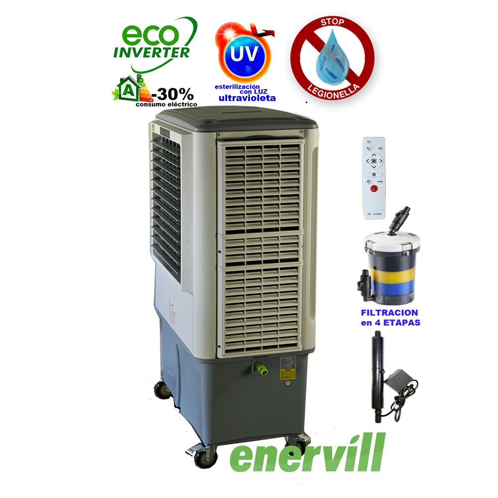 ventilador climatizador evaporativo portatil profesional Enervill grande con caudal de 18000m3/h