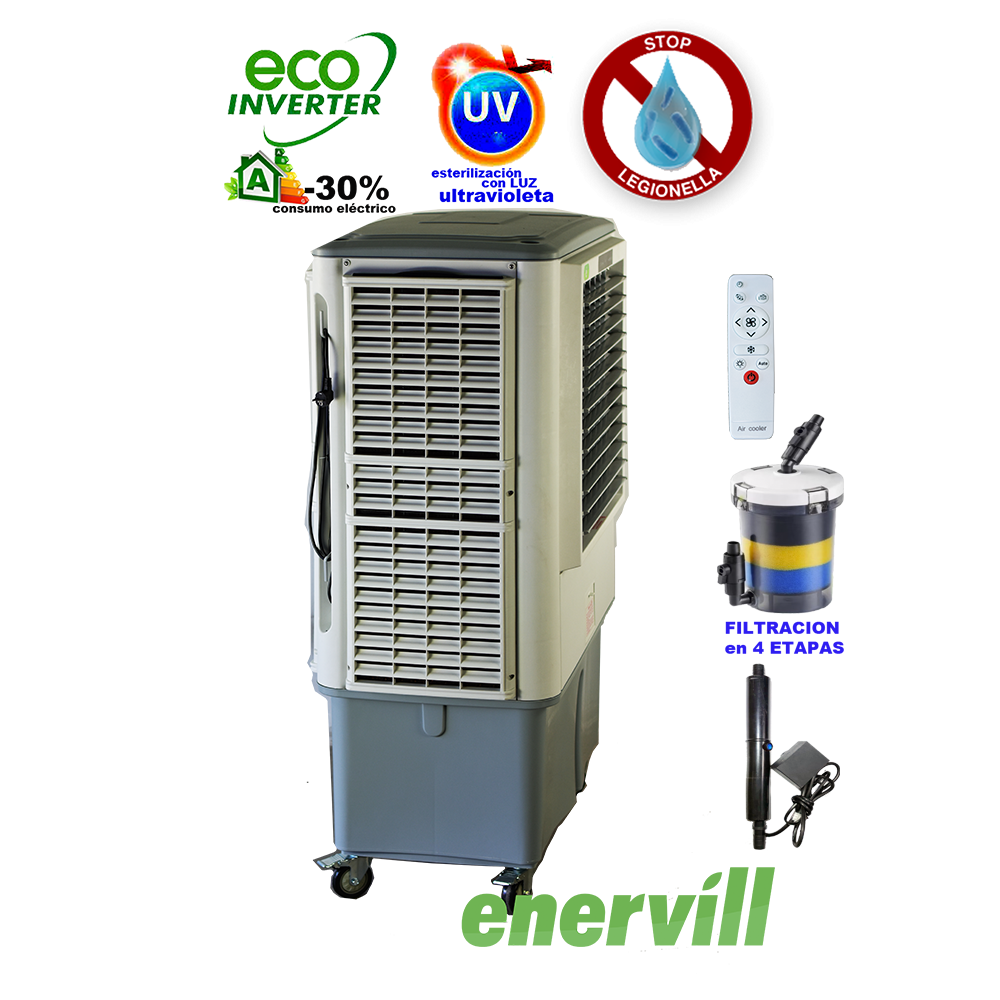 ventilador climatizador evaporativo portatil profesional Enervill grande con caudal de 18000m3/h