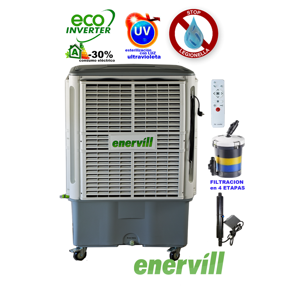 ventilador climatizador evaporativo portatil profesional Enervill grande con caudal de 18000m3/h