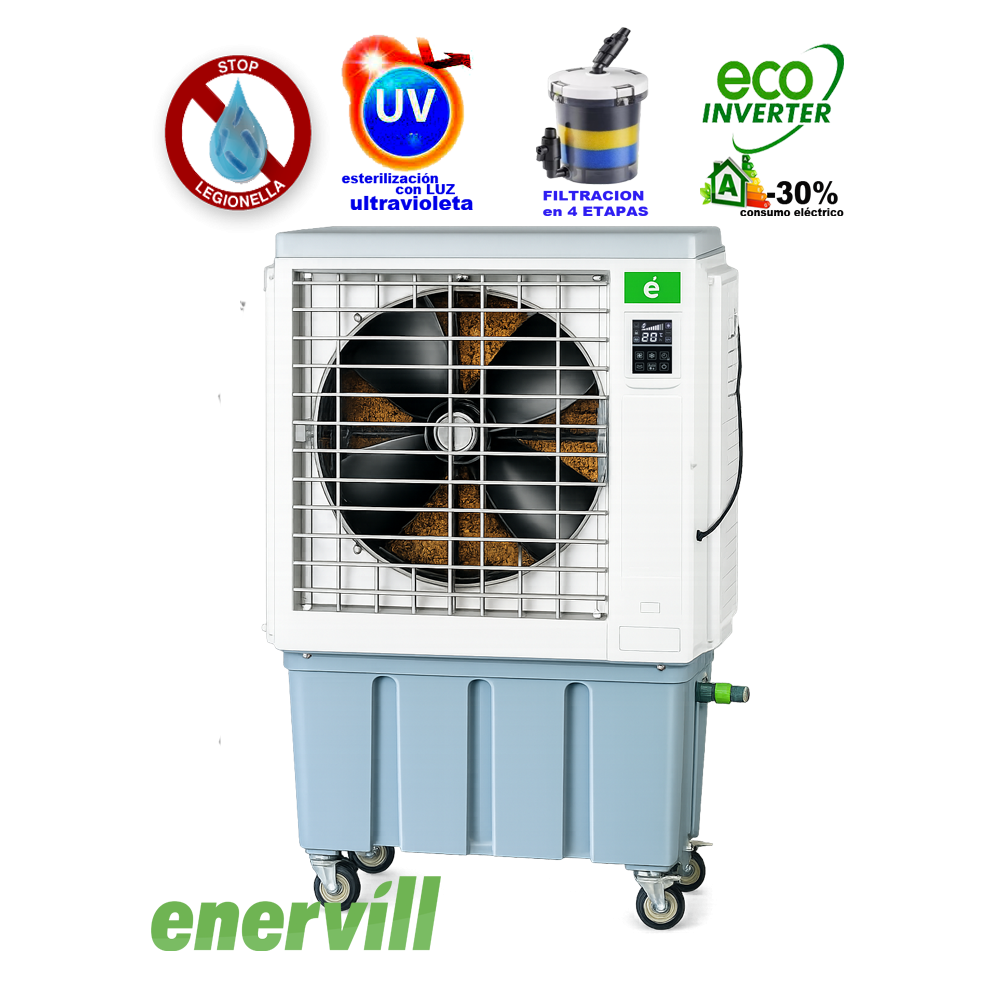 ventilador climatizador evaporativo portatil profesional Enervill mediano con caudal de 9000m3/h