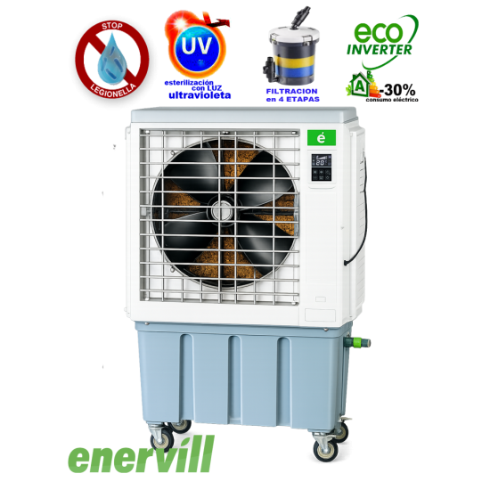 ventilador climatizador evaporativo portatil profesional Enervill mediano con caudal de 9000m3/h