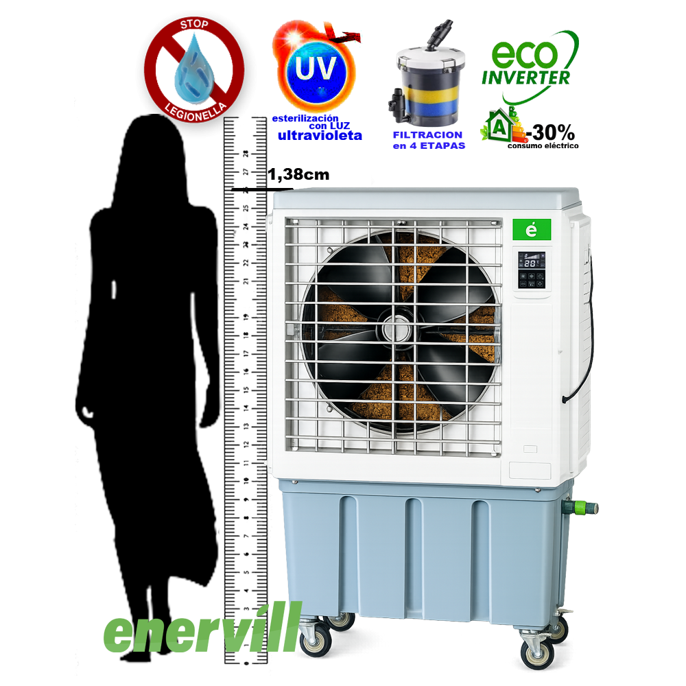 ventilador climatizador evaporativo portatil profesional Enervill mediano con caudal de 9000m3/h